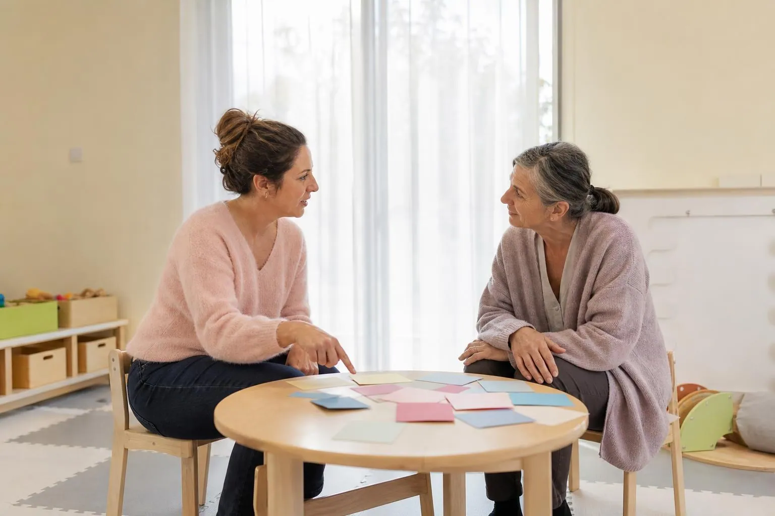 Deux assistantes maternelles discutant autour d’une table basse couverte de fiches cartonnées dans une salle d’activité claire d’un relais petite enfance