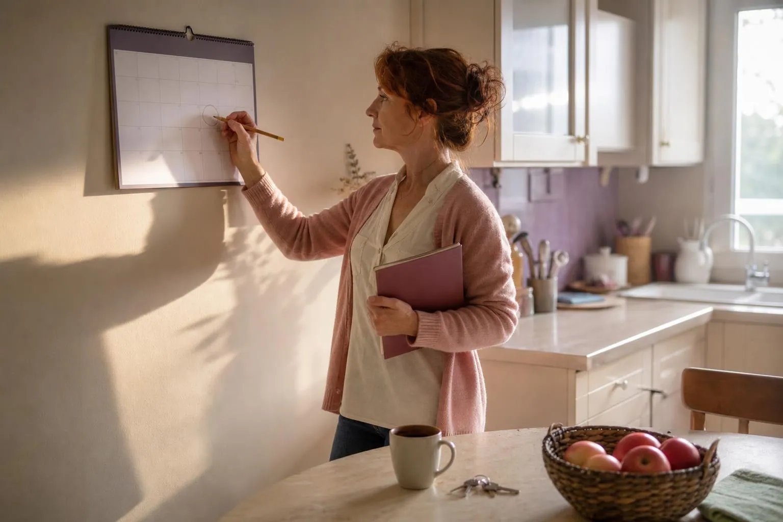 Assistante maternelle notant une date sur un calendrier mural de cuisine, une tasse et un trousseau de clés posés sur le plan de travail