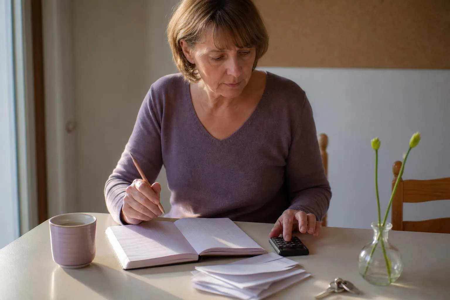 Assistante maternelle assise à sa table de cuisine avec un carnet à colonnes, une calculatrice de poche et une tasse, en fin de journée claire
