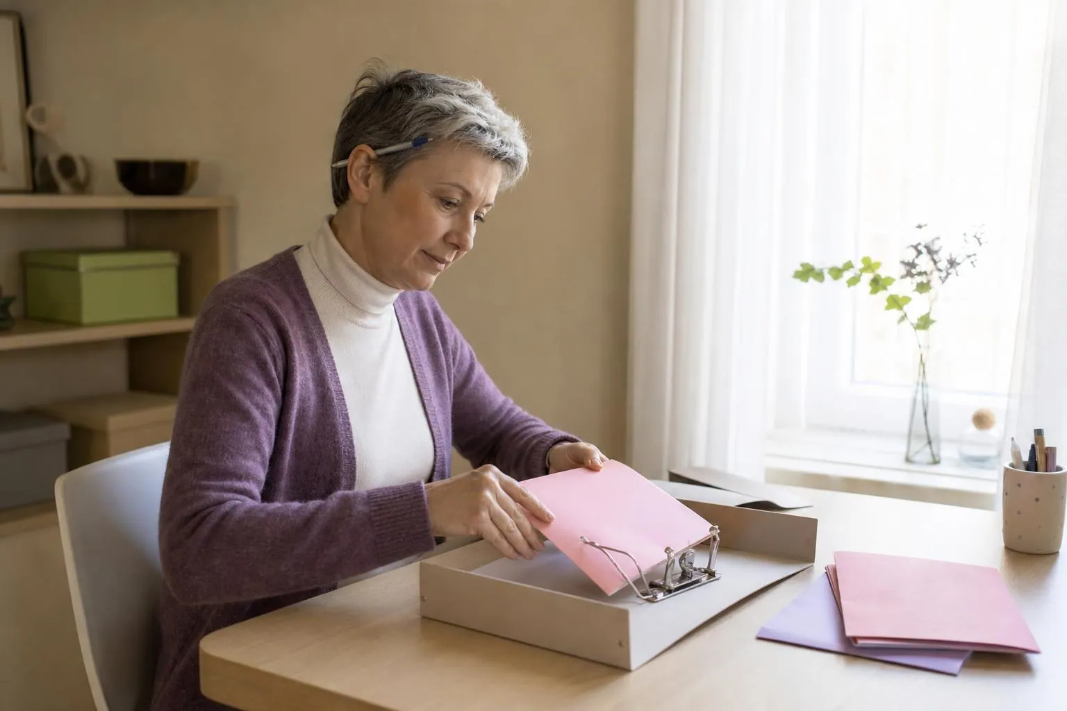 Assistante maternelle classant des pochettes cartonnées de couleur dans un classeur à levier posé sur un bureau clair près d’une fenêtre