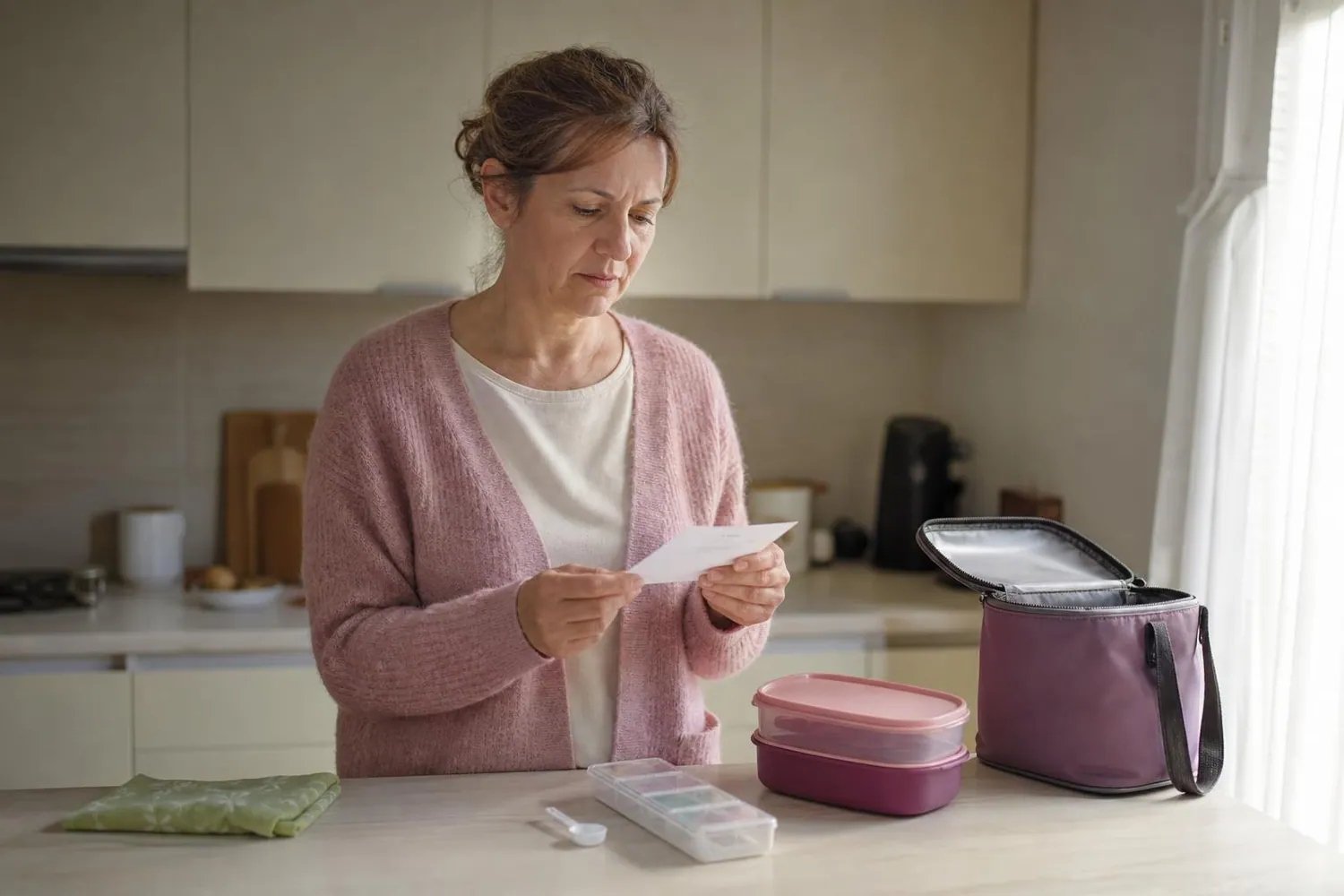 Assistante maternelle d’une cinquantaine d’annees debout dans sa cuisine claire, une fiche cartonnee a la main, panier repas et pilulier poses sur le plan de travail